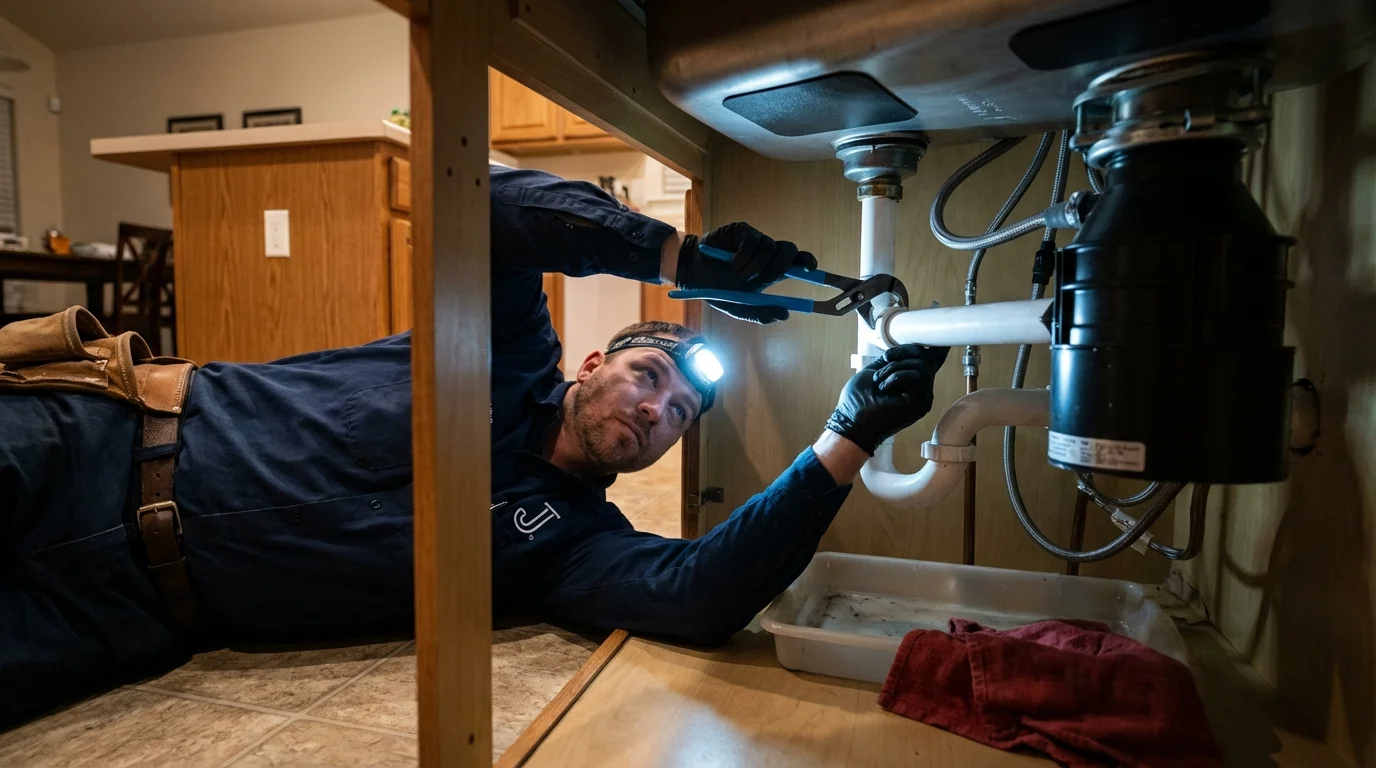 P-trap and supply line connections under a kitchen sink showing a common leak point in Cave City, AR